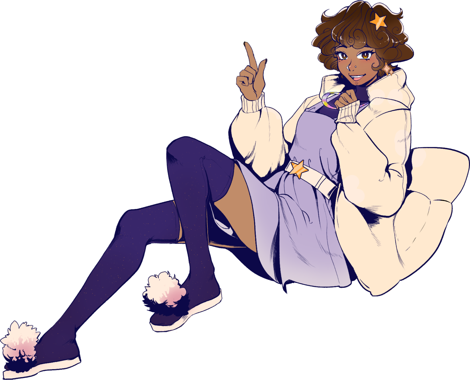 Proper with hand pointing up and a smiling expression as she floats